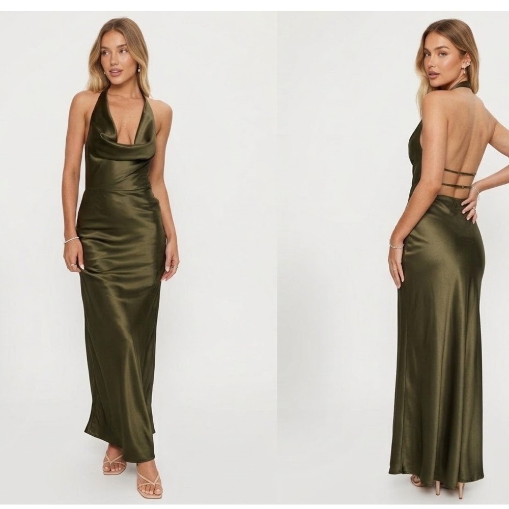Princess Polly Iridescent Gala Green Satin Cowl Neck Backless Maxi Dress US 4